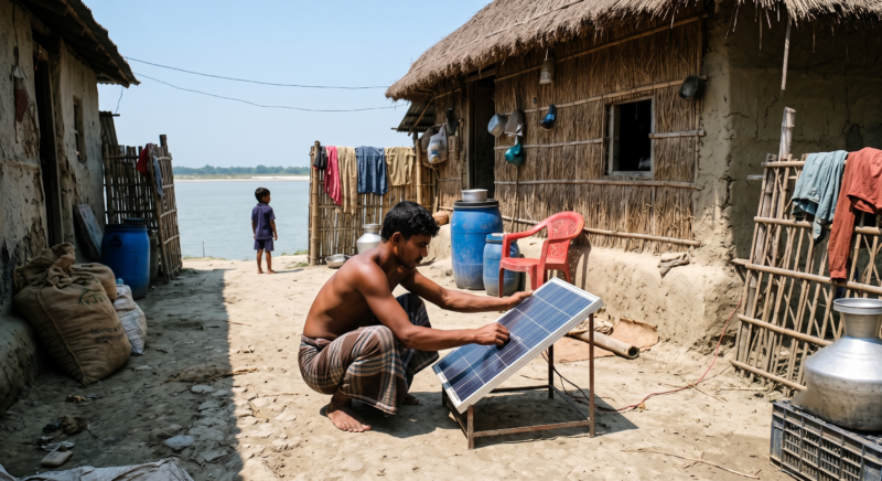 Man installs solar panel in a rural riverside village